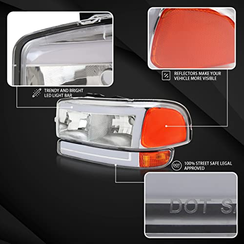 Autozensation Compatible With 1999-2006 Gmc Sierra Yukon 1500 Chrome Housing Clear Lens Headlights + Led Sequential Tube Bumper Lamps Left + Right Pair Headlamp Assembly #TOP2