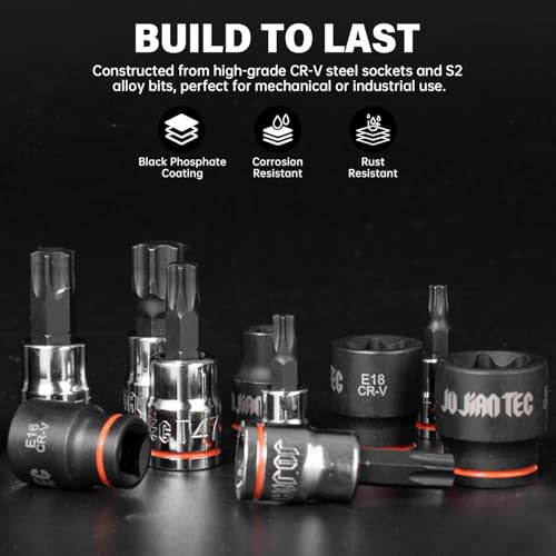 Image of 25-Piece Torx Bit Socket and External Torx Socket Set, 1 /4 inch & 3 /8 inch Drive, 13 Star Socket Bits (T8- T60)& 12 Female E-Torx Sockets (E4-E22), Premium S2 and CR-V Steel, with Storage Box