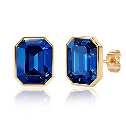 Austrian Crystal Octagon Stud Earrings for Women Fashion 925 Sterling Silver Post Hypoallergenic Jewelry (Sapphire)