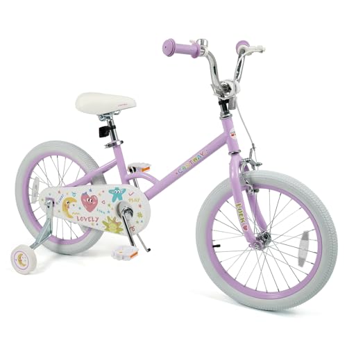 COSTWAY Kids Bike for Girls Boys Age 3-8 Years, 18 Inch Girls Bike, Children Bicycle with Training Wheels, Coaster Brake, Height Adjustable Handlebar and Seat (Purple,18 Inch, Kickstand)