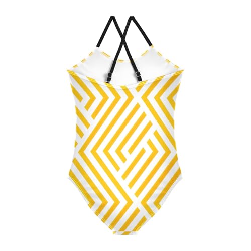 Abstract Yellow Geometric Pattern Lines Rhombuses Girls Swimsuits 1 Piecing Toddler Swim Suits for2