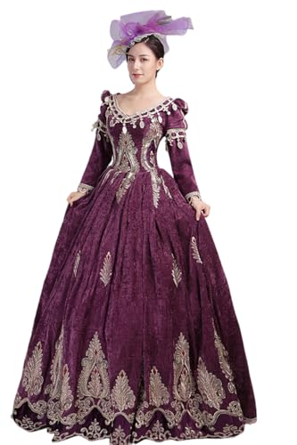 18th Century Damen Rokoko Ballkleid Druck Lang Gothic Viktorianisches Kleid Maskerade Thema Kleider(Wein Rot,M)