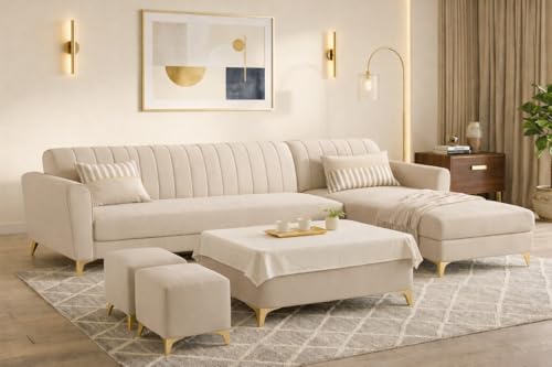 Image of Adorn India Premium Luster 8 Seater L Shape Sofa Set with 2 Puffy & 1 Center Table | Velvet Suede Fabric | 3-Year Warranty | RHS | Cream with Golden Legs & Striped Pattern Cushion