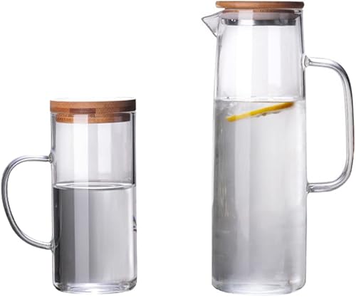 Renococo Juego de jarra de agua con 1 taza de cristal, jarra de vidrio transparente de 43 onzas con asa y tapa de madera, jarra de bebidas, juego de