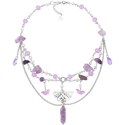 MOSTORY Fairy Ren Faire Necklace - Purple Layered Beaded Necklaces for Women Crystal Charm Necklace for Renaissance Ren Faire Fairycore Aesthetic Elf Cosplay Photo Shoot Halloween