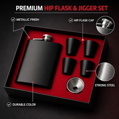 Image of Hip Flask with Peg Messurer Wine Flask Gift Set for Men & Women Stainless Steel (60ML+30ML Peg Messurer + Whiskey Flask) (4 Cups)