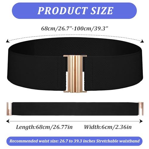 2 PCS Vintage Stretchy Waistband Wide Elastic Belts for Women Black White Stretch Waist Belt Adjustable Dress Waistband Stretchy Belt with Golden Buckle for Women Dresses2