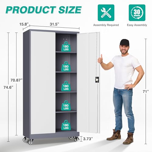 Image of 75 inch Tall Metal Storage Cabinet with Wheels,Rolling Garage Storage Cabinet with Lock,Gray White Metal Cabinets with Wheels and Shelves,Locking Tool Cabinets on Wheel for Garage,Home,Office,Shop