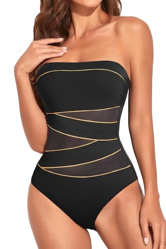 Image of Holipick Women Sexy One Piece Swimsuit Strapless Bathing Suits | Bandeau Neckline, Mesh Cutout Design, Push Up Removable Pads, High Cut, Removable Straps, Pool Beach Cruise Resort