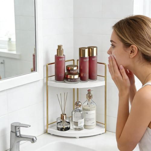Image of Bathroom Countertop Organizer, 2 Tier Wood Bathroom Counter Organizer, Vanity Organizers Corner Shelf for Makeup, Perfume, Skincare,Bedroom and Kitchen Storage (2 Tier,White and Gold)