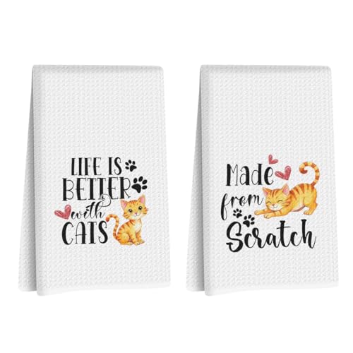 Image of Hanamiya Na 2Pcs Cute Cat Kitchen Towels 24x14 Inch, Make from Scratch, Absorbent Microfiber Dish Cloth Tea Towel, Waffle Hand Towels for Kitchen Home Bathroom, Cat Lover Gifts