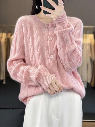 Women 100% Merino Wool Crewneck Cardigans Thick Cable Knit Sweater Coat Button Down Jumper2