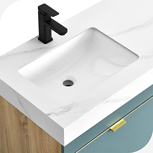 Hernest 40 Inch Floating Vanity Bathroom With Marble Tabletop, Wall Mounted Bathroom Vanity With Glossy Ceramic Basin Sink And Wooden Storage Drawer For Washroom, Wooden Bathroom Storage #TOP6