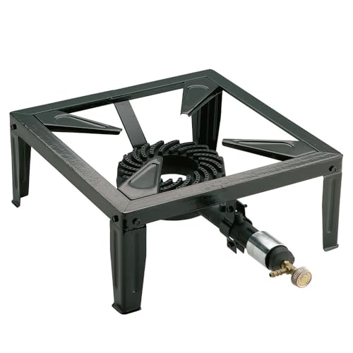 Paluplus Fornello a Gas in Ghisa e Acciaio con 4 Piedi, Misura 30x30x14 cm, Bruciatore da 125 mm, Regolatore di Fiamma, Fornellino per Campeggio, Picnic, Escursioni, Potenza 5,8Kw -POW4S