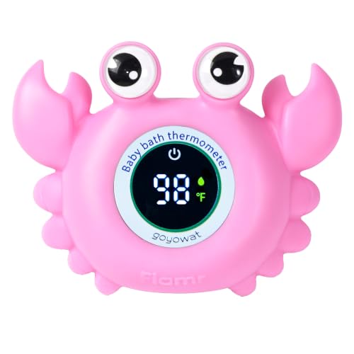 Image of Baby Bathtub Thermometer with LED Display Screen+Pink Crab toy-2-in-1 | Color Coded Alarm (Cold/Comfortable/hot) Bath Temperature Monitor, Adorable Floating Toys for Infants, Essential for Babies