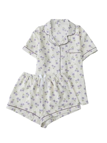 Image of Verdusa Pajamas For Women Set 2 Piece Summer Pajama Sets Cute Pjs Lounge Matching Button Shirt with Shorts Bow Purple Beige Large