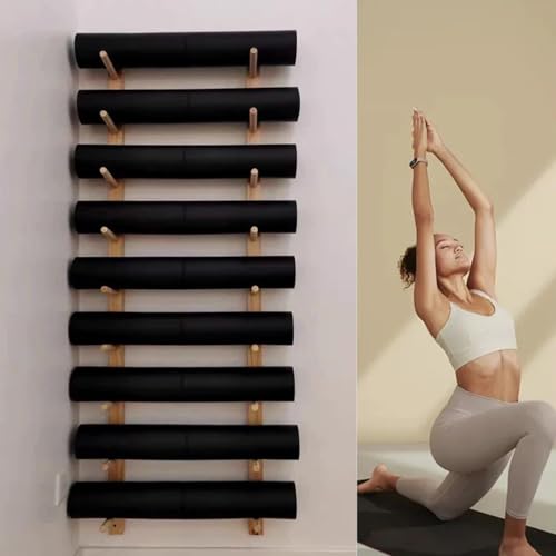 Support de tapis de yoga mural bois rangement fitness rouleau mousse et sport