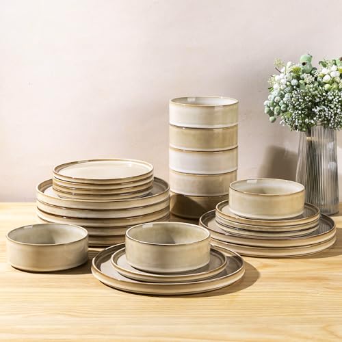 Image of AmorArc Ceramic Dinnerware Sets, Handmade Reactive Glaze Stoneware Plates and Bowls Sets,Highly Chip and Crack Resistant | Dishwasher & Microwave Safe Dishes Set, Service for 8 (24pc)