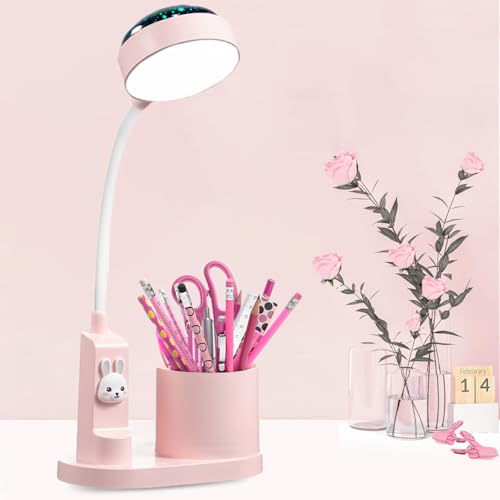 Kinder Schreibtischlampe mit Stifthalter, Niedliche LED Schreibtisch Tischlampe Tischleuchte Kinder Studienlampe mit Projektor,Nachttischlampe Tisch Kinderlampe Tischlampen Leselampe Nachttisch