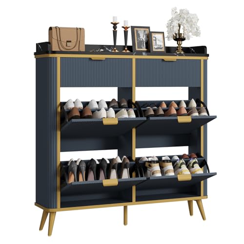 RNLRNL Fluted Shoe Storage Cabinet with 4 Flip Drawers & 2 Drawers, Freestanding Hidden Shoe Organizer with Adjustable Shelves, Wood Narrow Shoe Rack Cabinet for Entryway, Foyer, Hallway, Navy Blue