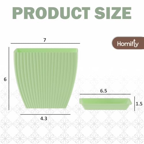 Image of HOMIFLY 5 Pack Plastic Square Flower Pots with Drainage & Bottom Tray /Lightweight, UV & Weather Resistant /6.5 Inch Planters for Indoor /Outdoor /Home /Balcony /Terrace /Garden Plant Pots (Green)