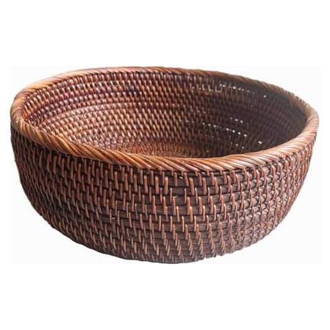 AMOLOLO 10 Inch Round Rattan Bowl Basket, Handmade Wicker Basket Tray with Scalloped Edge and 4”Deep Wall, Decorative Woven Dark Brown Bread Basket Fruit Bowl Key Holder Table Centerpiece, L Cover