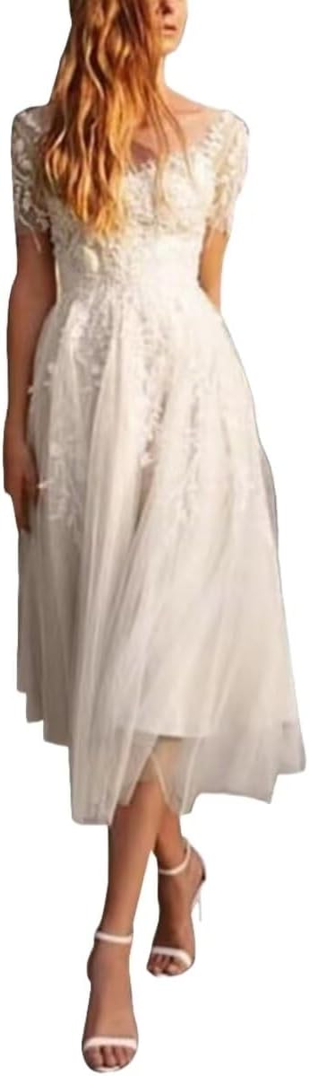 Tea Length Short Sleeve Wedding Dresses for Women Tulle Lace Applique Bridal Gown for Bride Engagement YM020
