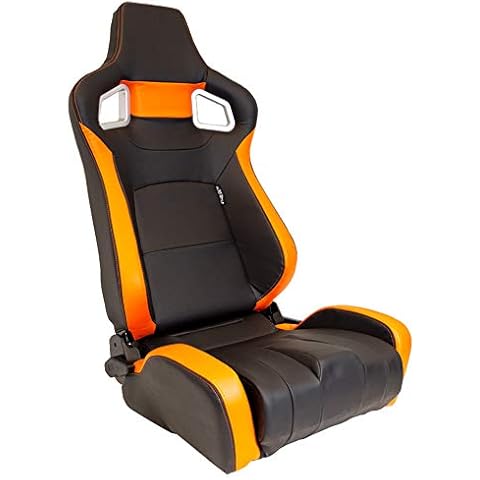 AUTO-STYLE Sportsitze 'RS6-II' - Matt-Schwarz/Orange Kunstleder - Doppelseitig Verstellbare Rückenlehne - inkl. Laufschienen Cover