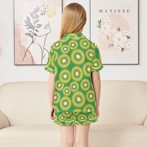 Satin Pajama Sets Short Sleeve Kiwi Fruit Slice Pattern Button Down Silky Nightwear 2 Piece PJS 5-14Y4