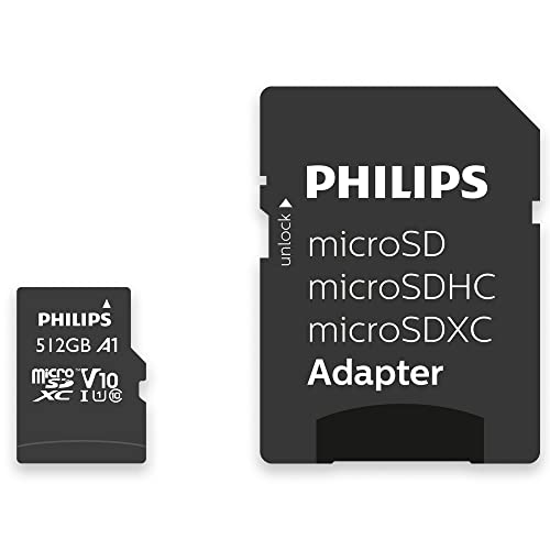 Philips SDXC Card 512GB + adattatore SD UHS-I U1 Reads up to 80MB/s A1 Fast App Performance V10 Memory Card for Smartphone, Tablet PC, Card Reader