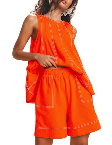 Image of Women 2 Piece Outfits Flowy Sleeveless Tunic Tops Loose Shorts with Pockets Tracksuit Summer Lounge Matching Set 2025