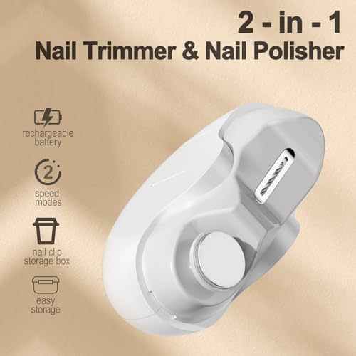 Zicolu Electric Automatic Nail Clipper and File, 2-in-1 Nail Trimmer & Polisher, 2 Speed USB Rechargeable, Women\'s & Men\'s Fingernail & Toenail Manicure Set, White