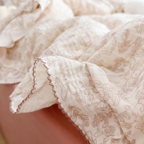 Image of BuLuTu Flower Rabbit Print Duvet Cover Twin, Soft Breathable Muslin Cotton Quilt Cover 68 inchx86 inch, Girls Boys Comforter Cover with Chic Ruffles, Zipper Closure, Corner Ties, All Seasons