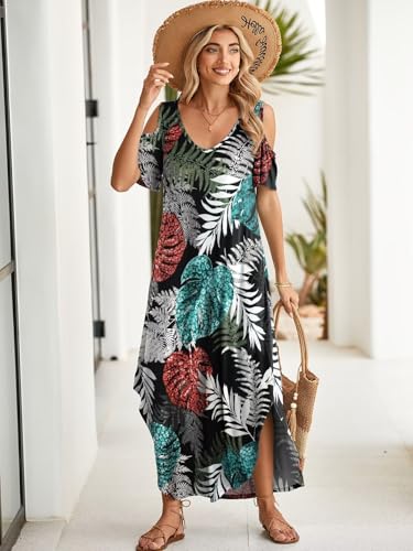 Image of BELAROI Womens Cold Shoulder Maxi Dress Plus Size V Neck Summer Sundresses with Pockets Beach Coverup Vacation Outfits