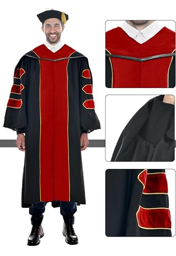 Image of Deluxe Graduation Doctoral Gown Doctoral Hood and Tam 8 Sided Package with Gold Piping Doctoral Regalia