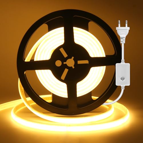 KISUFU 220V Dimmable Ruban LED COB, 240 LEDs/m Colle transparente double face IP65 Imperméable LED Chambre Bande Lumineuse Flexible 10cm Cuttable Light Strip pour Chambre, Jardin, Plafond Décoration.