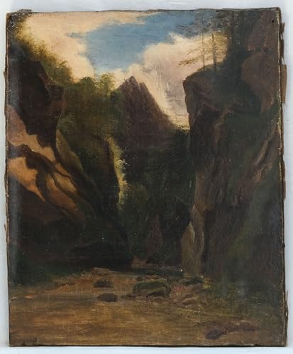 Antique Painting Oil Original 19th century Mountain Landscape with Waterfall