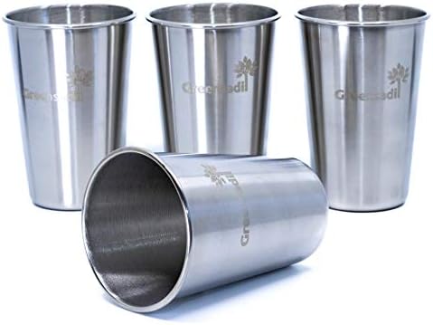 Greensadi 4 Pack of Stackable Stainless Steel Metal Pint Drinking Tumbler Cup Glasses with 480ml / 16oz Capacity for Kids and Adults