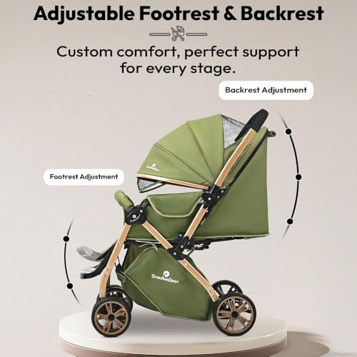Image of StarAndDaisy Foldable Baby Stroller for 0-3 years Infant & Toddler / Travel Pram for Baby with 360 Swivel Lockable Front Wheels , Multi-Level Recline & Adjustable Footrest , Removable Tray , Safety Harness Belt -Green