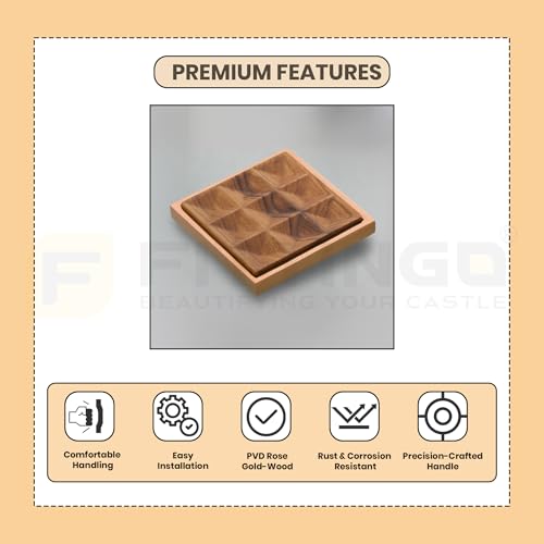 Image of 4 Inch Square Cabinet Handle 1338 - Premium Aluminium PVD Rose Gold Frame with Textured Wood Finish - Modern Pull Handle for Wardrobes, Cupboards & Kitchen Cabinets - Pack of 6