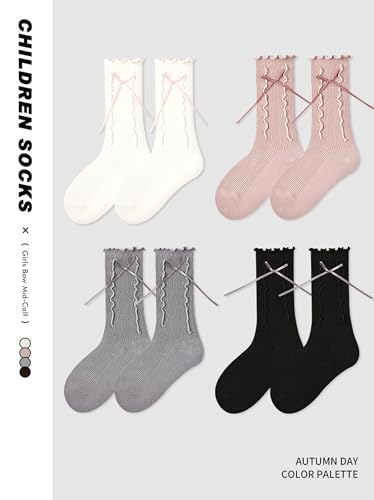 Girls Socks Crew Socks Mid-Calf Ruffed Lace Cuffs Bow Ribbed Lines Design Solid Fashion Socks for Girls 1 Pair2