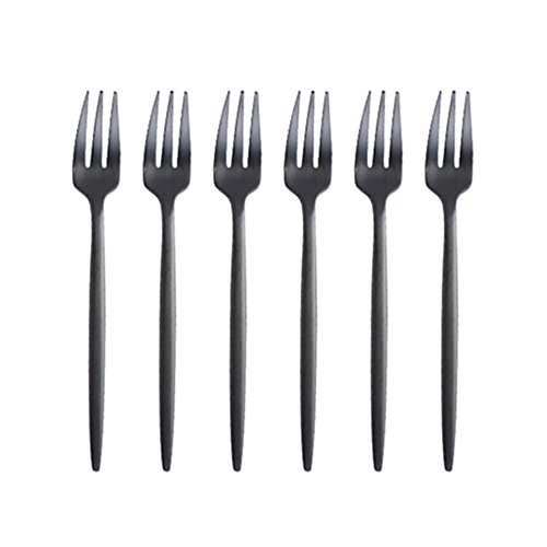 BRIIEC Black Gold 18/10 Stainles Steel Cake Forks Set 3 Tines Fruit Salad Fork, Slim Cutlery for Kitchen Hotel Restaurant Wedding Party, Matte Finish, Dishwasher Safe, Pack of 6