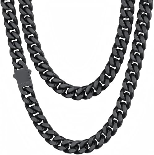 Mens Cuban Link Chain Black Miami Cuban Chain Necklace for Men 9mm Wide Hip Hop Mens Jewelry 22