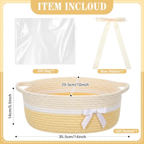 Image of Colingmill 1 Set Woven Basket for Gift Empty with Cellophane Wrap Set 14 x 10 x 5.5 Inch, Medium Decorative Gift Basket Empty to Fill, Cotton Rope Storage Box Decor (Light Yellow White)