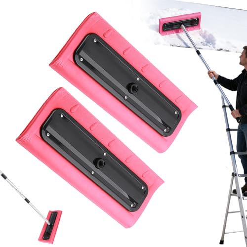 Roof Rakes for Snow Removal, 2 Foam Head Roof Snow Rake, Lightweight Durable Foam Head Snows Broom, Heavy Duty No-Scratch Snows Brush, Sn-ow Broom Push/Pull for Roofs Vehicle Garage Home Lawn Backyard