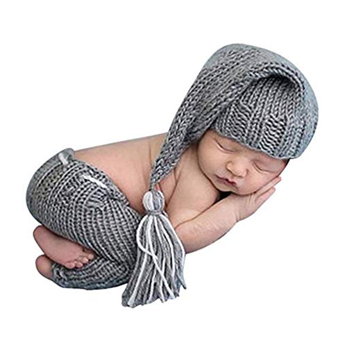 Image of Newborn Baby Photo Shoot Props Girl Boy Crochet Knit Hat Costume Stripe Hat Pants Overalls Photography Props