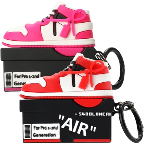 Image of [2Pack] Gedicht for Apple Airpods Pro Case Cover, Cute Cartoon Shoe Box Soft Silicone Protective Cases for AirPods Pro 1st Generation Case with Keychain for Women Men, Red+Rrose Red