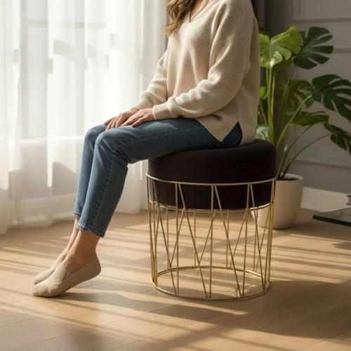 Image of Premium Set of 2 Gold Metal Ottoman Pouffe Stool & Footrest for Living Room & Bedroom | Wine Soft & Classy Mosha Fabric with Linear Frame | 18 inch Height | Luxury Multipurpose Furniture & Home Decor