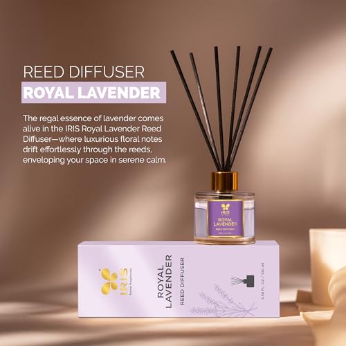 Image of IRIS Aroma Reed Diffuser - 100ml | Elegant Home Fragrance with 6 Fiber Reeds, Glass Round Bottle with Gold Cap | Aroma Diffuser for Cozy Decor & Gifting (Royal Lavender)
