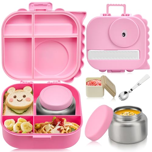Image of Pawtong Bento Lunch Box with Thermo, 4-Compartment Bento Box with Adjustable Dividers, Leakproof Dinosaur Lunch Box with 14.2OZ Insulated Food Jar & Sauce Jar, for School Office Travel(Pink)